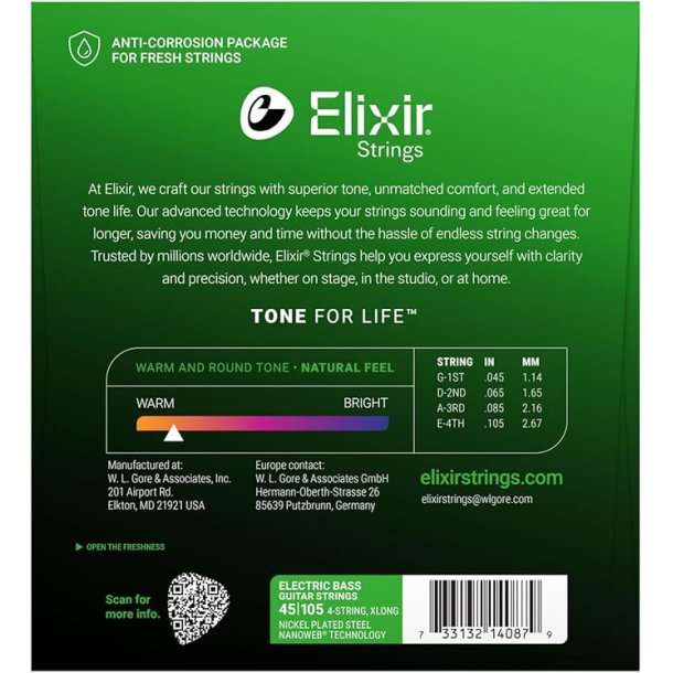 Elixir Nanoweb Electric Bass Nickel Plated Steel 14087 Medium XL Scale 45-105